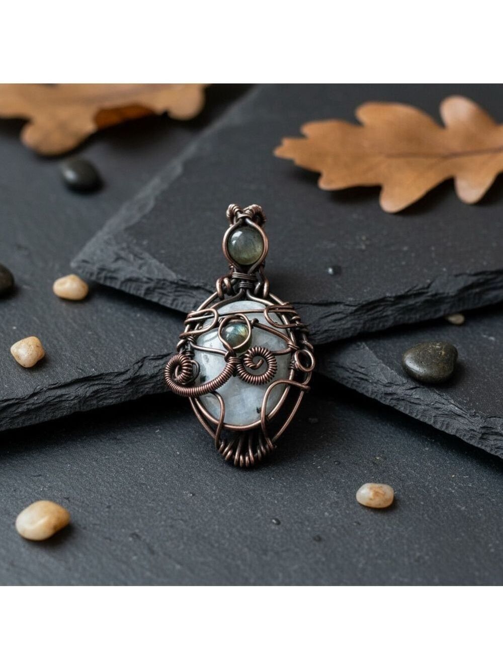 Wire Wrapped Stone Pendant Copper Tone Handmade - Picture 1 of 2